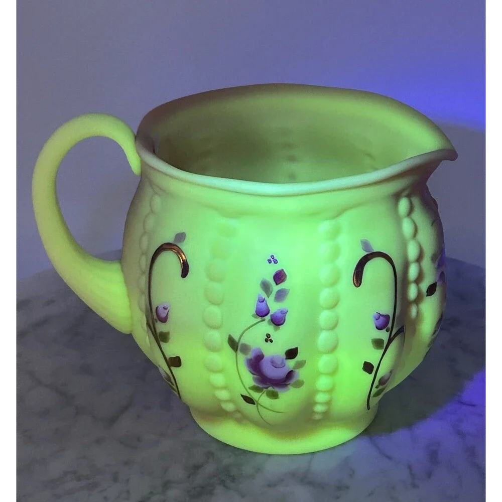 Vintage Fenton Uranium Glass Pitcher Burmese Hand Blown Beaded Melon Signed Vase